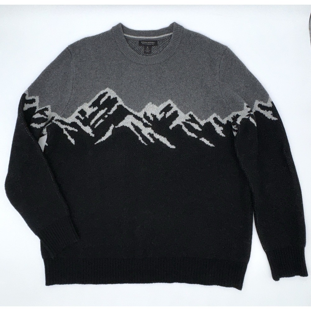 Banana Republic Italian Wool Ski Slope Crew‎ Black Gray Mountains Men XL Sweater